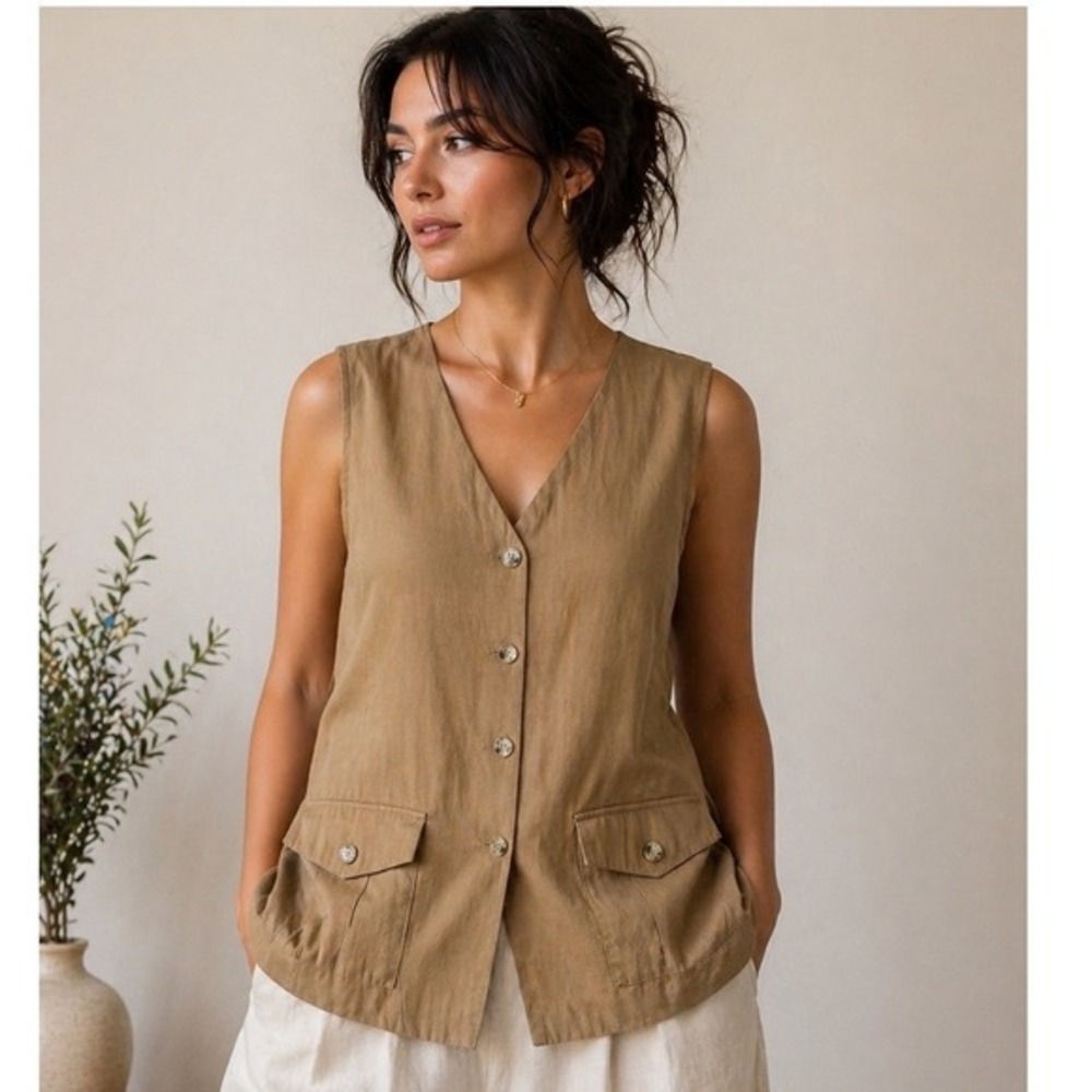 Vintage‎ Silk Linen Vest Tan Minimalist Safari Pockets Womens 12 Coastal Cowgirl